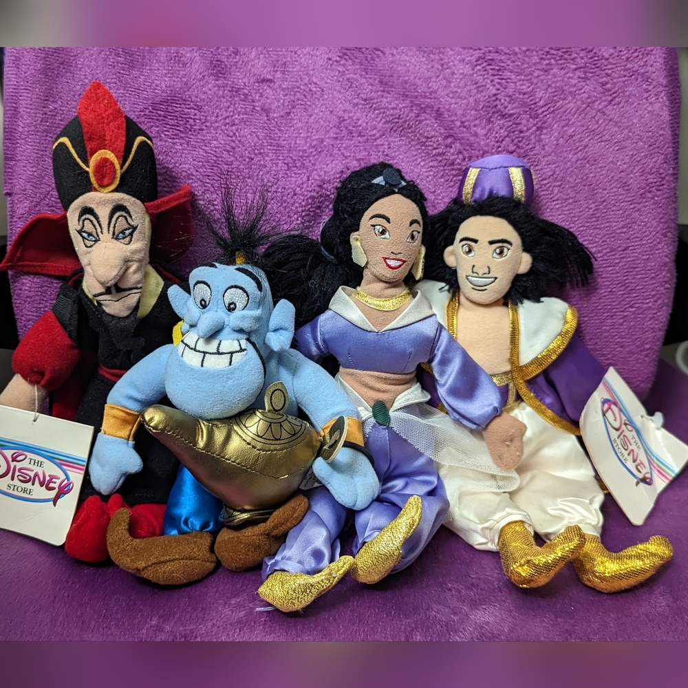 Aladdin Jasmine Genie Jafar Disney Store Bean Bag Plush Vintage 1999 8" Set